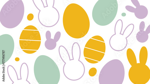 A pastel easter pattern with eggs and bunny silhouettes scattered on a white background design art