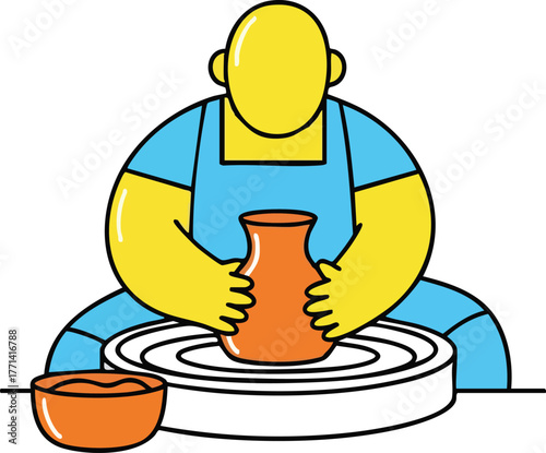 Yellow Figure Person Shaping Clay Pot on Pottery Wheel Wearing Blue Apron and Sitting in Studio