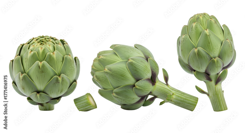 Fototapeta premium Three Green Artichokes on Black Background whisk image