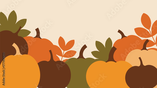 A flat illustration of pumpkins and leaves in autumn colors on a light beige background for fall season decor