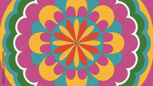 Colorful flower pattern with symmetrical design and vibrant hues in a circular arrangement style art