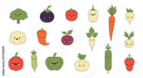 A vibrant set of adorable cartoon vegetables, each with a happy face, depicted as cute stickers and cutouts, perfect for healthy eating themes.