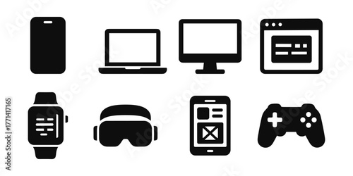 Digital devices silhouettes icon, computer, phone, laptop, smartwatch, VR
