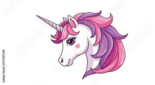 A delightful cartoon unicorn head with a spiral horn, flowing pink and purple mane, expressive purple eyes, and a sweet pink heart on its cheek.
