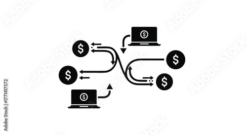 Digital currency exchange between laptops with money symbols indicating finance and transfer.