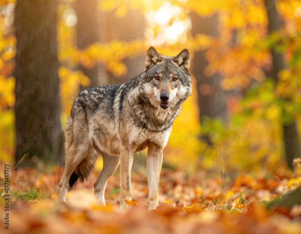 Fototapeta premium A majestic wolf stands in a sunlit autumnal forest setting