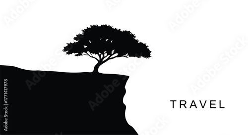 Solitary tree silhouetted on a cliff edge evokes a sense of adventure and exploration.