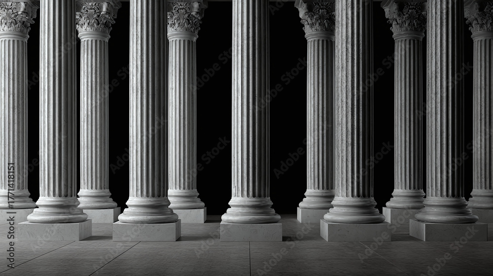 Fototapeta premium Elegant Greek columns against a dark backdrop create a sense of grandeur and historical significance. The image highlights architectural beauty and design.