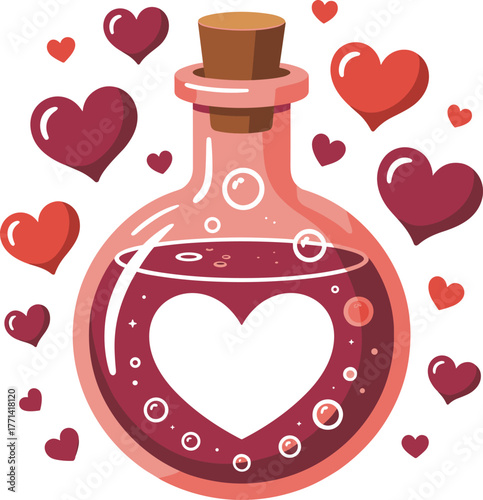 Love Potion Bottle Design with Hearts and Bubbles Capturing Romantic Essence for a Special Bundle