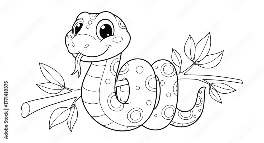 Fototapeta premium Simple black and white line art of a happy cartoon snake with a patterned body, smiling and resting on a leafy tree branch.
