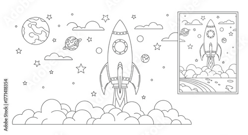 A captivating coloring page featuring a cartoon rocket launching into space amidst planets, stars, and clouds, inspiring creativity and dreams of exploration.