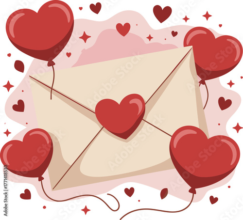 A Heartfelt Love Letter Delivered by Balloons Amidst a Shower of Hearts and Sparkles Symbolizing Romantic Affection and Cherished Moments of Celebration