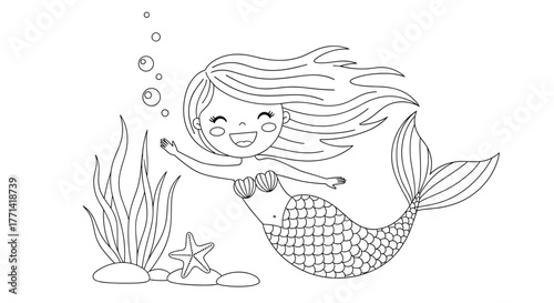 A cheerful cartoon mermaid with long flowing hair and a scaled tail swims happily underwater with seaweed, a starfish, and bubbles.