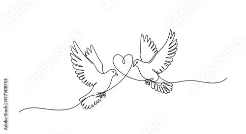Elegant continuous line art of two graceful flying doves, their interconnected lines beautifully forming a heart shape, symbolizing love and peace.