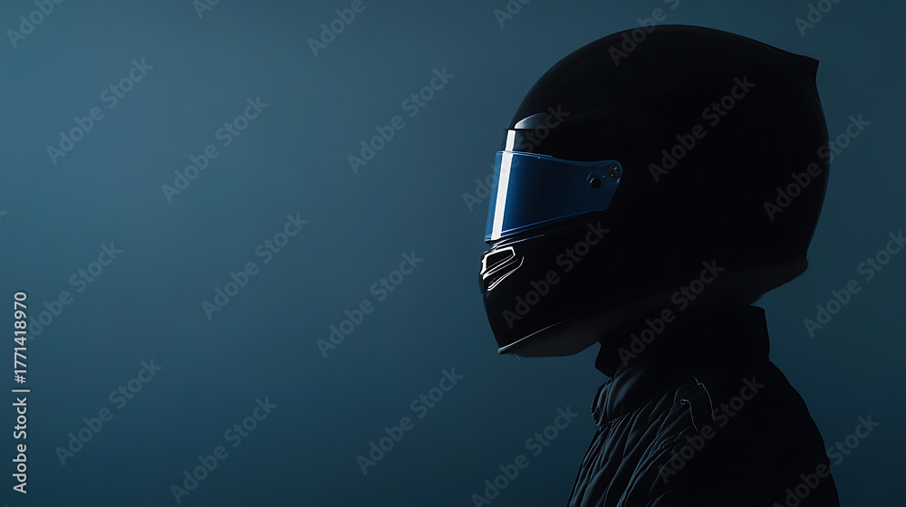 Naklejka premium A person in a black racing suit is seen from the side, complete with a sleek, dark helmet and visor. The background is a deep, solid color that emphasizes the silhouette.