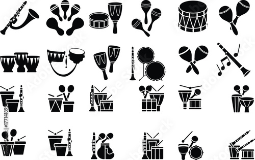 Musical Instrument Icon Set – Drums, Maracas, and Clarinet Percussion and Wind Instrument Silhouette Collection