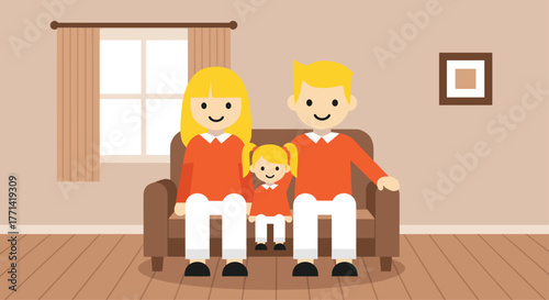 Happy cartoon family portrait sitting together on the couch in their home living room with window and picture frame, modern family values