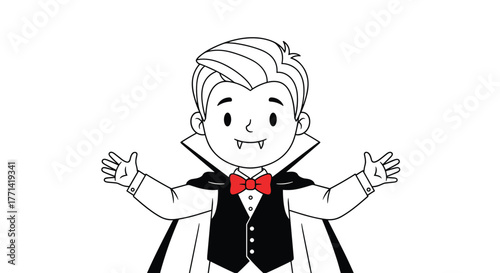 A cartoon boy dressed as a vampire in a cape, fangs, and a red bow tie, with open arms, ready for Halloween or a costume party.