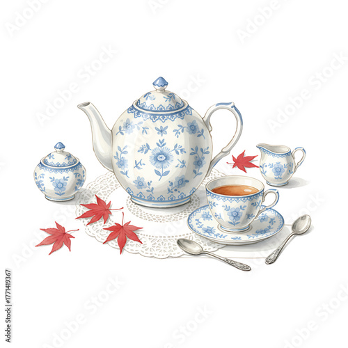 Blue and White Porcelain Tea Set with Red Maple Leaves on White watercolor illutrastion transparent background