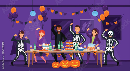 Vibrant Halloween party with friends in costume dancing under disco lights at spooky festive celebration, perfect for seasonal marketing