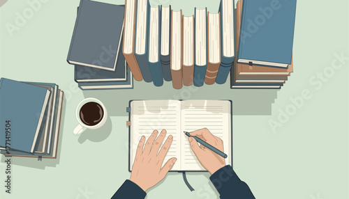 Person writing in a journal with a pen, surrounded by books and a cup of coffee on a desk, perfect for study, education, or creative projects