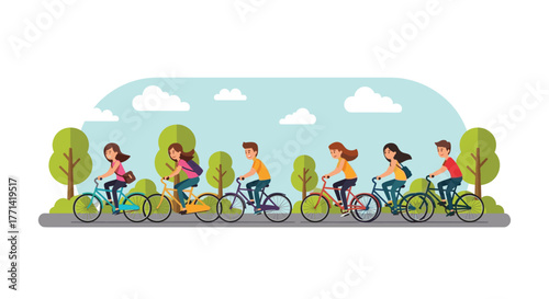 Group of friends joyfully cycling together on a sunny day, promoting active lifestyle and outdoor fun, perfect for summer marketing campaigns