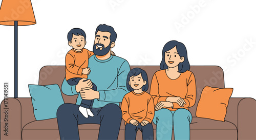 Happy family bonding time on the sofa at home, perfect for illustrating family values, lifestyle content or children's educational material