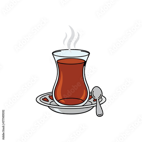 Cartoon Turkish Tea Glass with Spoon and Saucer on White vector watercolor illutrastion transparent background
