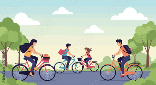 Family biking together on sunny day adventure, promoting active lifestyle and outdoor fun, perfect for health and wellness campaigns