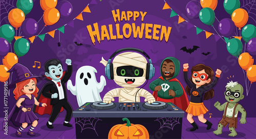Spooky Halloween party featuring adorable cartoon characters dressed in costumes, enjoying music, dancing, and celebrating in a festive atmosphere