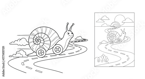 An amusing coloring page illustration featuring a cartoon snail on wheels, speeding along a winding road, perfect for children's activities.