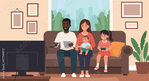 Happy diverse family enjoying quality time together at home watching TV and playing video games in a cozy living room creating lasting memories