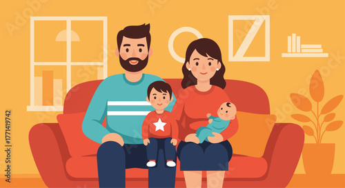Happy family portrait showcasing love with parents and children relaxing on a cozy red sofa in a warm and inviting home environment together