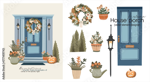 Autumn house porch. A ready-made card with a set of vector elements for independent designs in a flat style. Vector digital illustration on a Halloween theme.
