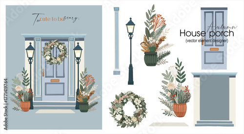 Autumn house porch. A ready-made card with a set of vector elements for independent designs in a flat style. Vector digital illustration on a Halloween theme.