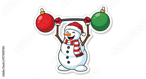 Festive fitness fun strong snowman lifting Christmas ornaments barbell for holiday cheer and healthy lifestyle promotion during winter season