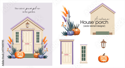 Autumn house porch. A ready-made card with a set of vector elements for independent designs in a flat style. Vector digital illustration on a Halloween theme.