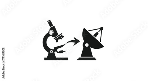 Microscope to satellite dish symbol shows scientific research connection and data transmission