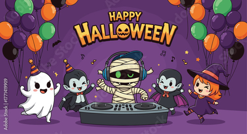 Groovy Halloween party with DJ mummy and adorable vampire, ghost, and witch cartoon characters dancing under festive balloons