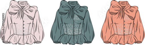 Fashionable women's blouses with elegant bows and voluminous puffy sleeves, showcased in a delightful soft color palette. Ideal for feminine apparel concepts and stylish design inspiration