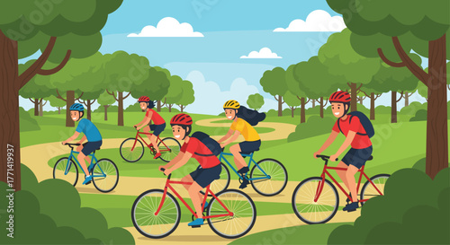 Enthusiastic group cycling through the park on a bright day, enjoying fitness and friendship, perfect for wellness campaigns and outdoor adventure