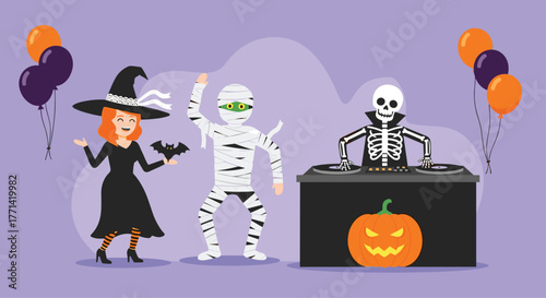 Halloween party with witch, mummy, skeleton DJ, and pumpkin ready to celebrate the spooky season with fun and festive decorations