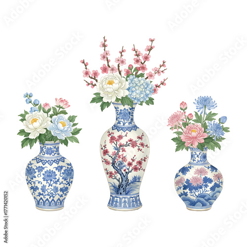 Three Blue and White Porcelain Vases with Assorted Flower watercolor illutrastion transparent background