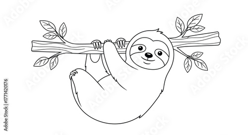 A cheerful cartoon sloth with a gentle smile hangs from a sturdy tree branch, designed in a clean outline style for coloring.