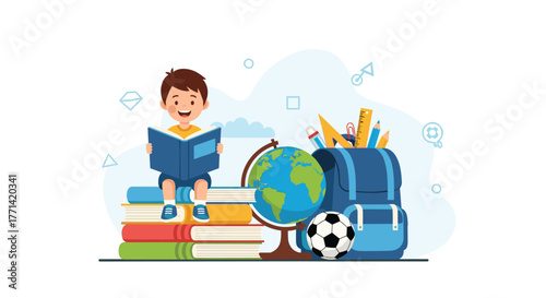 A cheerful boy sitting on a stack of books and reading, surrounded by school supplies and a globe, ready for learning and play.