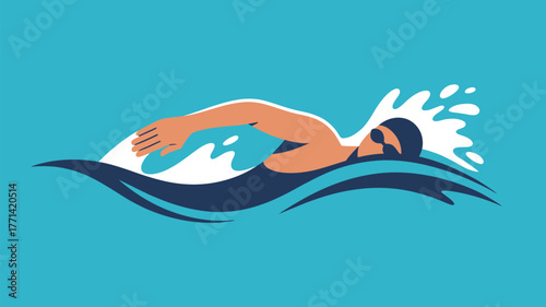 A swimmer in a dark blue swimsuit and cap swimming in blue water with white water splashing around her