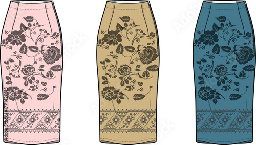 Floral print pencil skirts with ethnic border patterns in three distinct colorways - fashion illustration