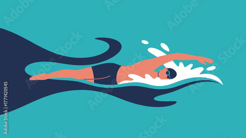 A swimmer in motion doing the freestyle stroke with water splashes and blue water in the background