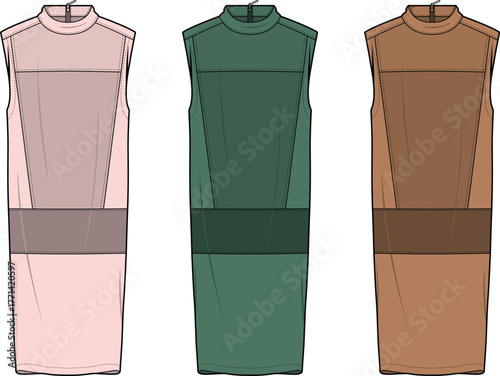 Fashionable sleeveless midi dresses with sheer detailing in three distinct color variations