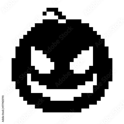 A spooky black Halloween pumpkin in pixel art style. Designed with dark tones and a creepy atmosphere, perfect for Halloween posters, or digital decorations. Transparent background.